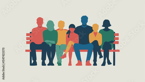 Colorful Silhouettes of People Sitting on Park Bench, Diverse Group Illustration Style