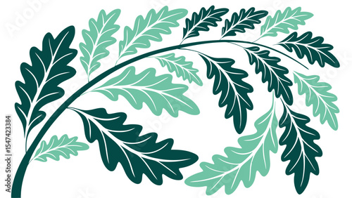 Modern flat design vector art featuring a gracefully curved oak branch adorned with two shades of green and teal leaves elegant botanical illustration
