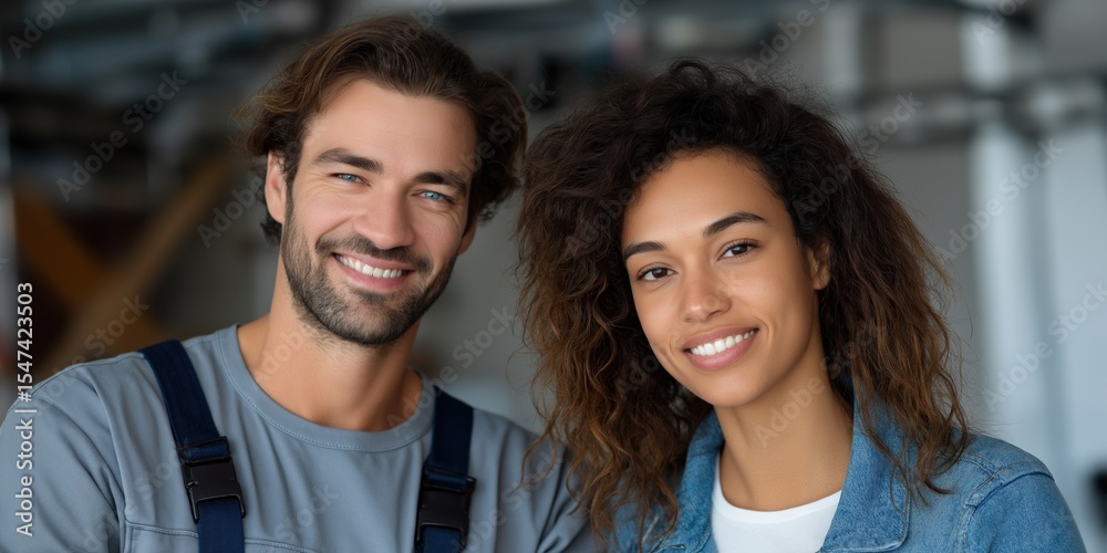 Fototapeta premium Smiling caucasian male adult and african female young in casual wear indoors