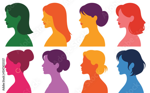 Colorful Silhouettes of Women's Heads in Profile View Displaying Various Hairstyles and Hair Colors