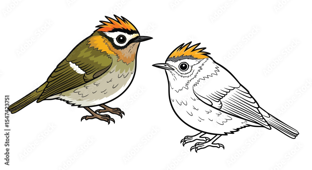 Fototapeta premium Firecrest Bird Coloring Page with Colored and Outline Versions Tiny Forest Birds Art