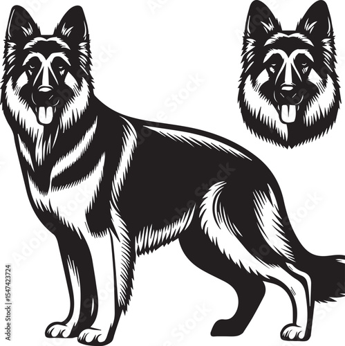 German Shepherd Dog Silhouette Vector | Black and White Illustration