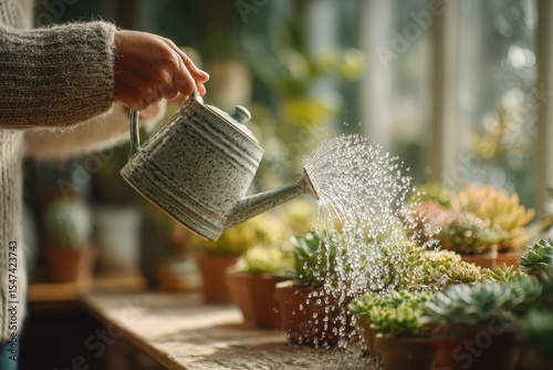 Watering succulents with a vintage watering can, hydrating plants, creating moisture, helping to grow, indoors, gardening and plant care, with natural light.