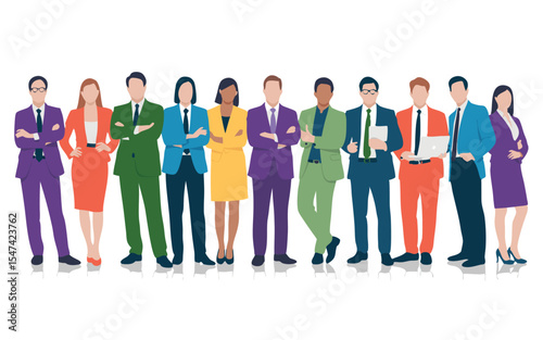 Diverse Group of Business Professionals Standing Together, Wearing Colorful Suits and Dresses on White Background