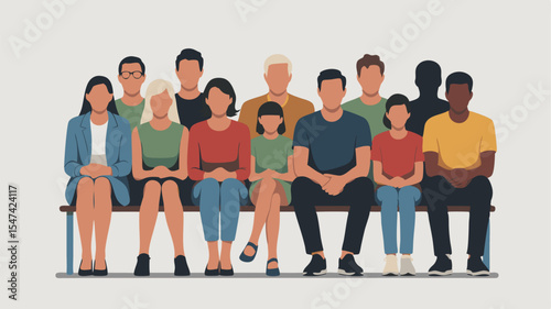 Diverse Group of People Sitting on Bench in Casual Clothes Waiting Together Peacefully