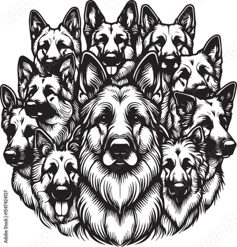 German Shepherd Dog Silhouette Vector | Black and White Illustration