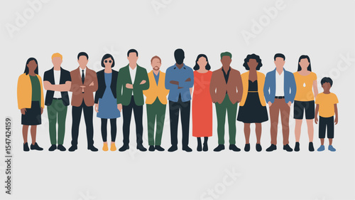 Diverse Group of People Standing Together, Isolated on a Light Background, Illustration