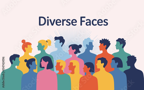 Diverse Group of People with Various Ethnicities, Genders, and Hairstyles in Colorful Silhouette