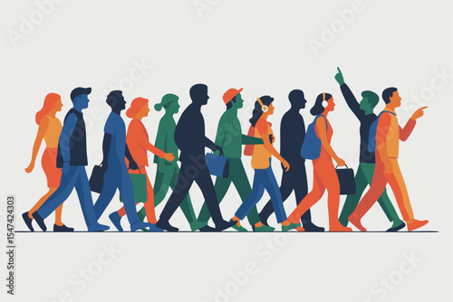 Diverse People Walking Colorful Silhouette Illustration of Pedestrians, Business Commuters, Students, and People Pointing