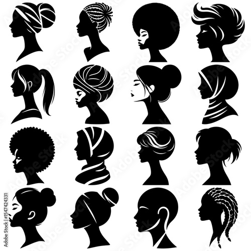 Set of Minimalist Black and White Vector Illustration of Women’s Side-profile Silhouettes