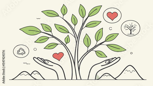 Minimalist line art illustration of hands nurturing a green tree, symbolizing environmental protection, sustainability, and love for nature with eco icons.