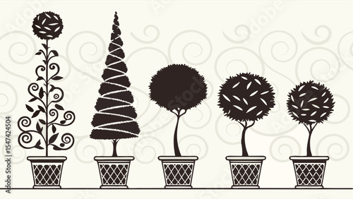 Elegant vector silhouettes of five diverse potted topiary trees and ornamental garden plants, featuring conical, spherical, and ornate spiral designs, on a subtle swirl background.