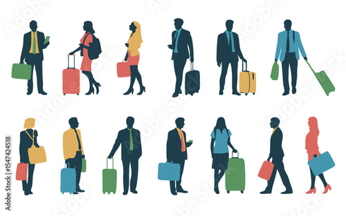 Silhouette Group of Traveling People with Luggage and Bags on White Background Stock Illustration