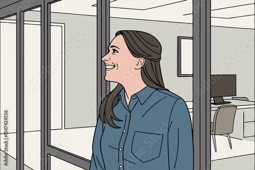 Smiling Woman in Modern Office: Professional Success & Workplace Happiness