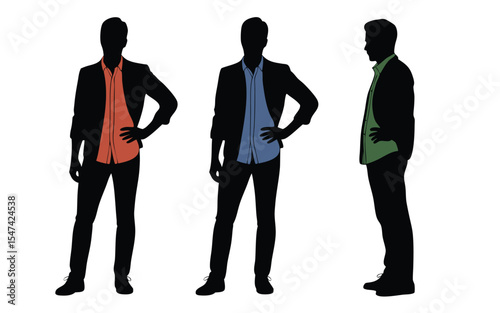 Silhouetted Men in Blazers with Colored Shirts Front, Middle, and Side View Poses