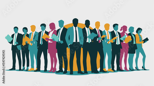 Silhouetted Business Team Illustration in Suits Holding Files, Colorful and Modern Design