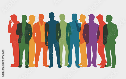 Silhouettes of Colorful Business Professionals Standing Together on White Background Representing Diversity and Inclusion