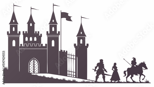 Medieval castle silhouette vector art with knights, princess, and horse. Dark gray fantasy kingdom scene on white background, historical fairy tale illustration.