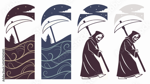 Dark Ethereal Vector Art featuring Grim Reaper with Umbrella Scythe and Abstract Nature Landscapes Symbolic Illustrations of Waves Trees Stars and Clouds