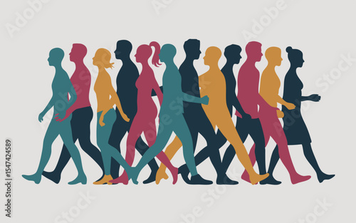 Silhouettes of Walking People in Colorful Illustration Diverse Group Forward, Style