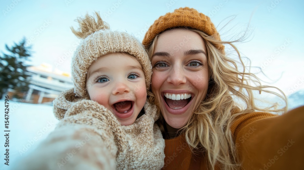 Obraz premium A joyful mother and her baby pose for a playful selfie in a snowy winter landscape, showcasing their happiness and the loving bond they share.