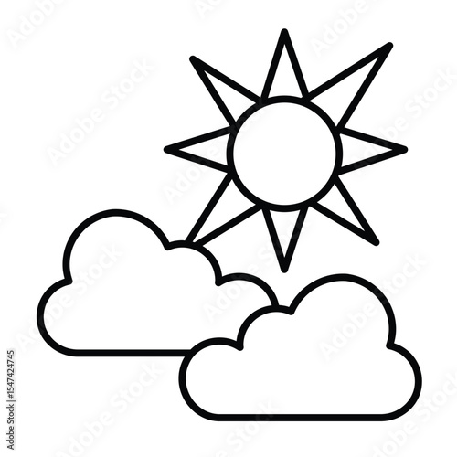 Clouds and sun with light rays thin line icon, climate change concept. Vector graphics. Sunny weather sign on white background, style mobile or design.