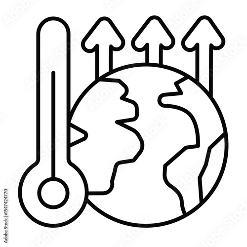 Up arrow and planet with thermometer thin line icon, climate change concept. Vector graphics. Planet temperature level raise sign on white background, style mobile or design.