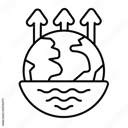 Planet and ocean flood level thin line icon, climate change concept. Vector graphics. Up arrow and planet with water sign on white background, style mobile or design.