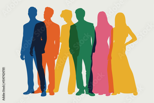 Vibrant Multicolored Silhouettes of Fashionably Dressed People Standing in a Group Together on White