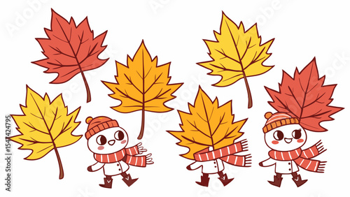 Whimsical autumn illustration with cute cartoon characters in cozy hats and scarves, playing among vibrant red and yellow maple leaves, celebrating fall season.