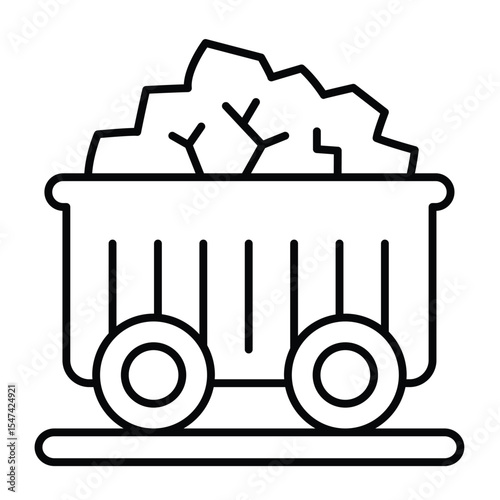 Trolley with coal on rails thin line icon, coal mining concept. Vector graphics. Coal cart wagon, transportation sign on white background, style mobile or design.