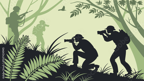 Vibrant green jungle flat design illustration. Silhouettes of soldiers with rifles and wildlife photographers with cameras exploring the dense forest.