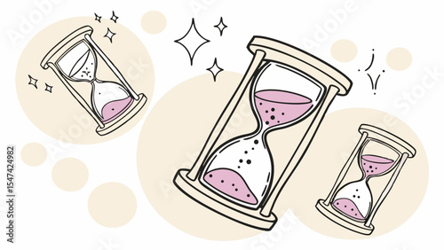 Hand drawn illustration of three pink sand hourglasses with sparkles on a beige background representing time management and deadlines.