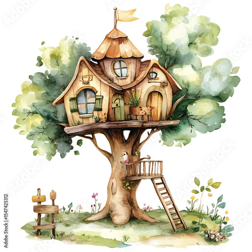 Watercolor whimsical treehouse vector image in light green brown colors on transparent background charming illustration