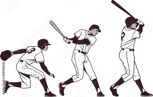 Baseball Swing Sequence: Pitcher, Batter, Hitting Action - Line Art Illustration