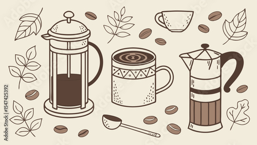 Hand-drawn autumn coffee collection with French press, Moka pot, hot mug, espresso cup, scattered beans, and fall foliage illustration.