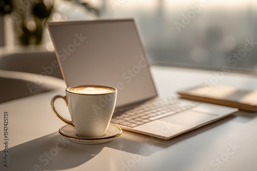 Elegant coffee latte art next to laptop, embodying a modern office aesthetic with natural light, perfect for a productive and enjoyable work environment.