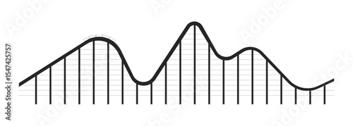Thrilling roller coaster ride 2D line object. Amusement theme park attraction steep drop. Rail rollercoaster train reaching peak isolated clipart vector ink outline item. Monochrome spot illustration