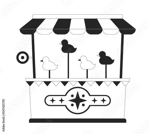 Duck shooting carnival game booth 2D line object. Striped canopy retro amusement attraction. Funfair arcade targets stall isolated clipart vector ink outline item. Monochrome spot illustration