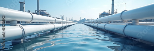 Offshore pipeline system installation in ocean. Large diameter pipes for transporting oil or gas. Underwater pipeline infrastructure project for energy industry.