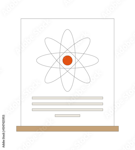 Science poster on wooden stand with atomic model 2D cartoon object. STEM research display. Physics atom nucleus educational paper isolated element flat vector clip art on white. Spot illustration