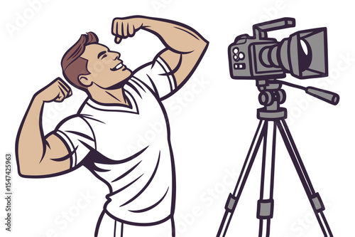 Muscular Man, Video Production, Fitness Influencer, Camera, Strong, Powerful, Content Creator, Videography, Bodybuilding, Filmmaking,  Studio Recording,  Professional Athlete