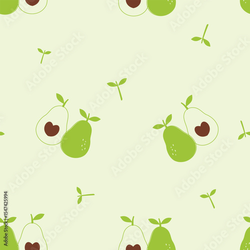 Seamless pattern of avocado with heart shape seed, green leaves and sprouts on green background vector.