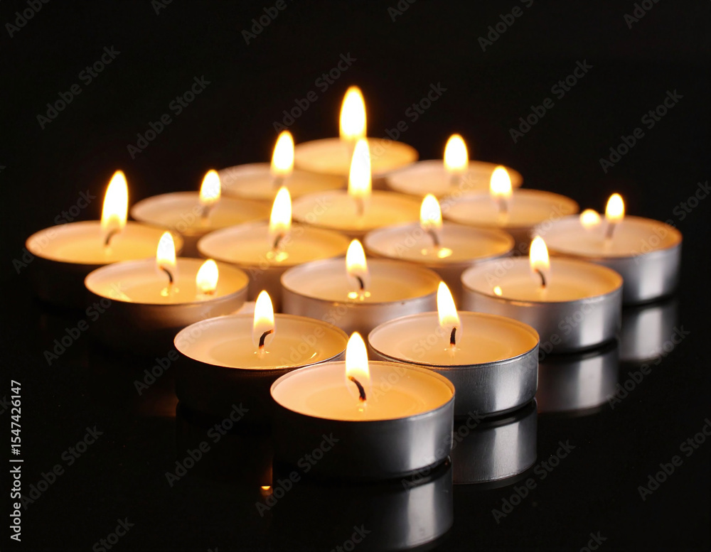 Tealight candles in neat grid glowing softly on black surface symbolizing spiritual energy calmness and mourning Tealight candles in neat grid glowing softly on black surface symbolizing spiritual energy calmness and mourning