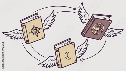 Whimsical cartoon illustration of three winged ancient spellbooks with compass, celestial, and moon symbols, flying in a magical knowledge cycle.
