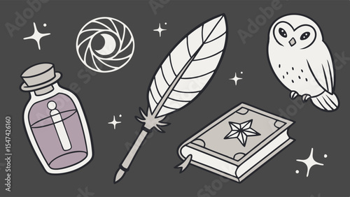 Whimsical magical fantasy vector illustration set with a glowing potion, feather quill, ancient spell book, wise owl, and mystical eye symbol.