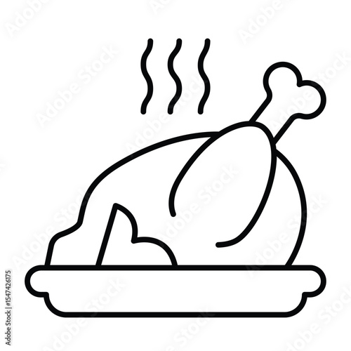 Fried chicken dish thin line icon, culinary cooking concept. Vector graphics. Hot turkey on plate sign on white background, style mobile or design.
