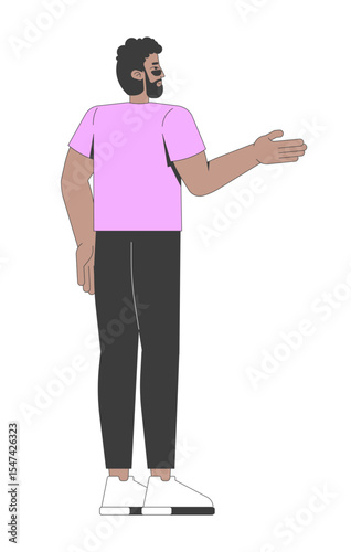 Bearded black man in pink tshirt gesturing while facing away 2D cartoon character. African american modern guy in sunglasses pointing flat vector person isolated on white. Spot illustration colorful