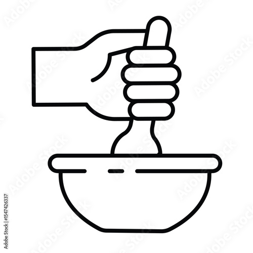 Hand with spoon and plate thin line icon, culinary cooking concept. Vector graphics. Stirring dish, preparing food sign on white background, style mobile or design.