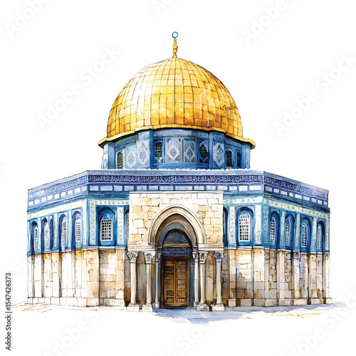 Dome of the rock watercolor painting jerusalem landmark islamic architecture on transparent background vector png